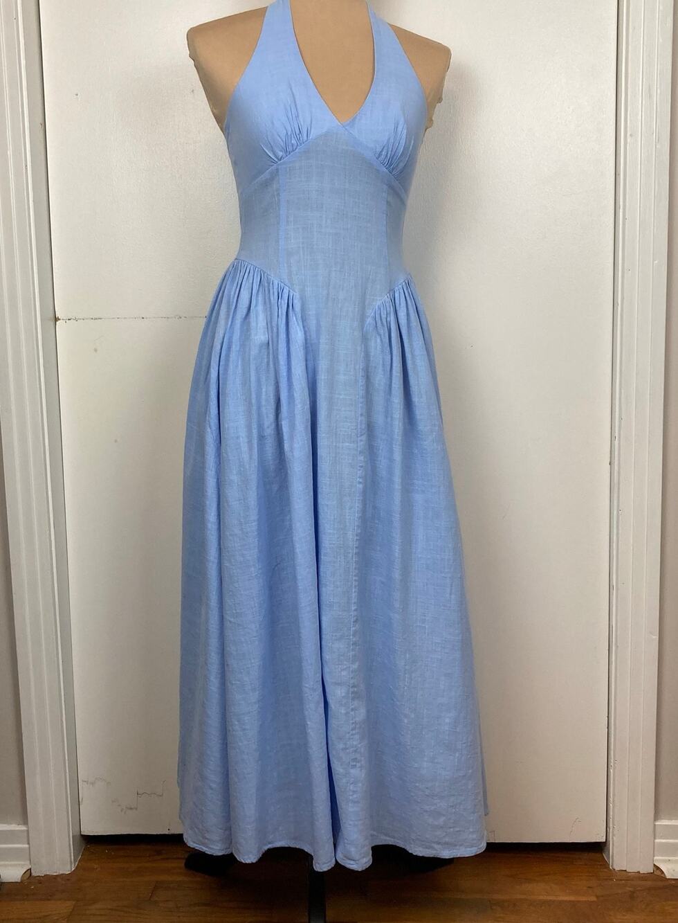 Pink Diamond Maxi Halter Dress Sz 2 Baby Blue Cotton Gauzy Shirred Panel Back